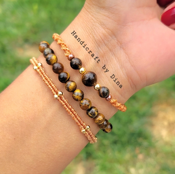 Earth Art hand crafted artisan Jewelry - Handmade Natural Tiger Eye Stone Bracelet Set Of 3